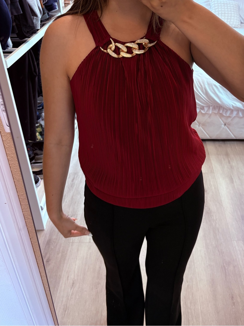 Women’s Red Pleated Halter Top with Chain Detail
